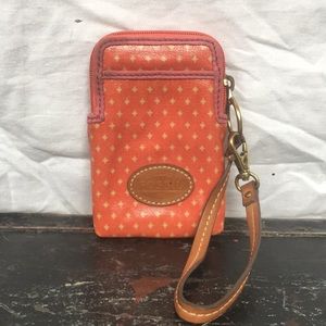 Mini orange Fossil wallet with strap